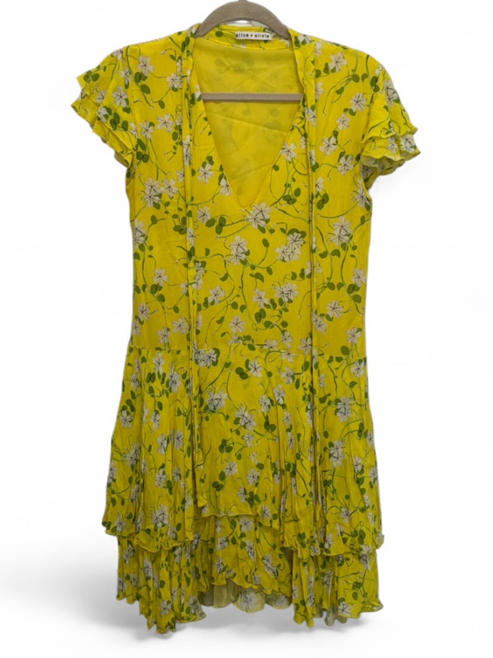 Alice + Olivia Moore Yellow Floral Tie Neck Tiered Skirt Mini Dress